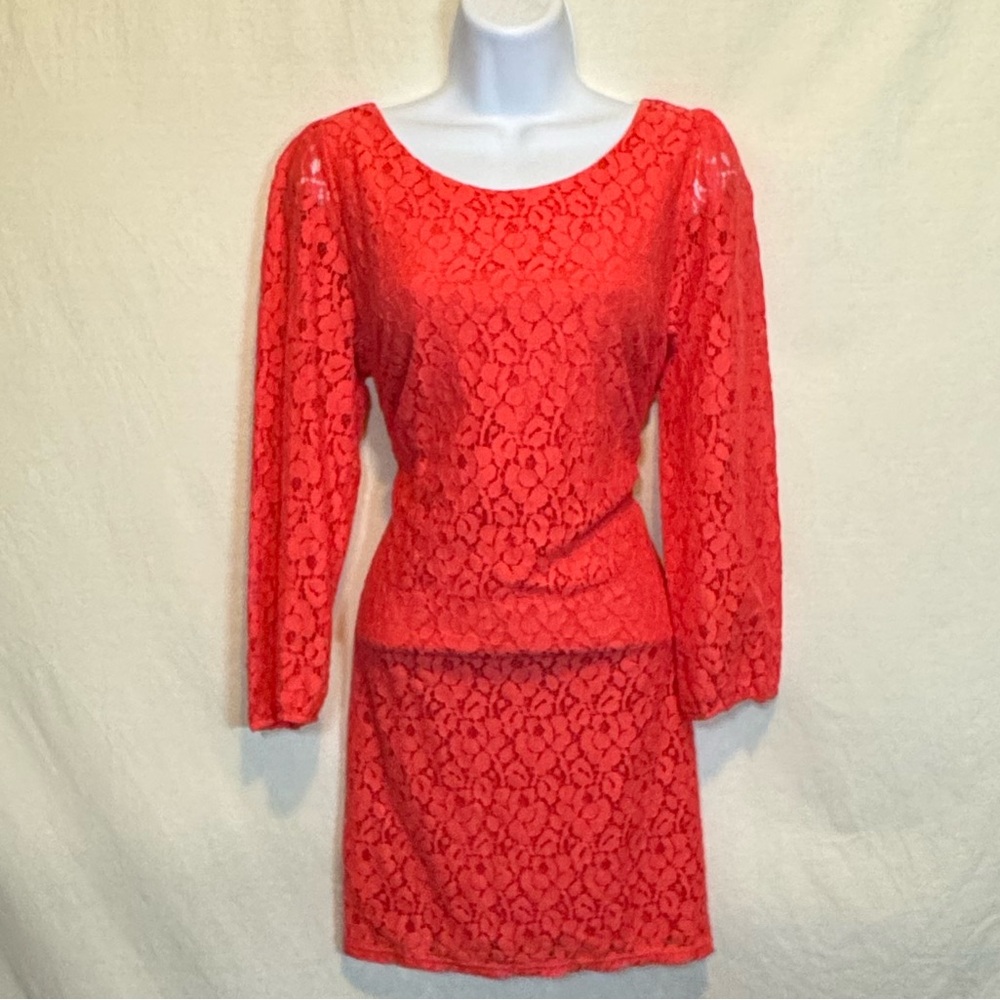 G-161 Hearts Red Lace‎ 3/4 Sheer Sleeve Lined MIDI Dress Size L
